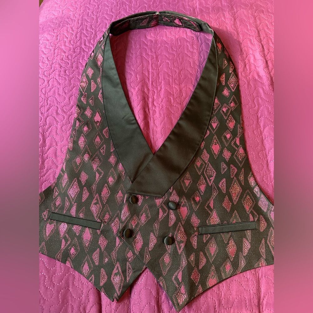 Tux vest , bright pink  shimmer triangles size medium faux pockets – adjustable